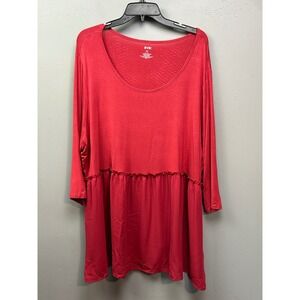 EVRI Tunic Women 3X Red Mixed Media Ruffle Babydoll 3/4 Sleeve Scoop Neck Top